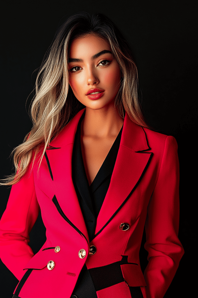 Woman with dimensional blonde hair wearing a bold red jacket, representing empowerment and professionalism for students exploring flexible lash certification payment plans at Lash & Brow Girl Academy