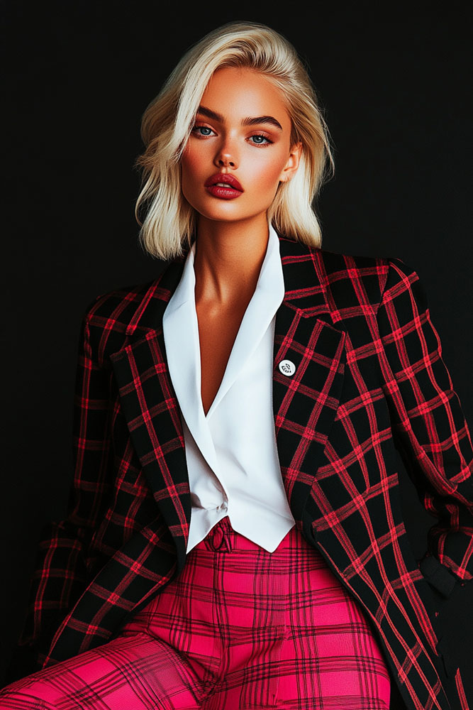 Blonde woman in a red and black plaid blazer and white blouse, representing Lash & Brow Girl Academy lash and microblading trainer opportunity