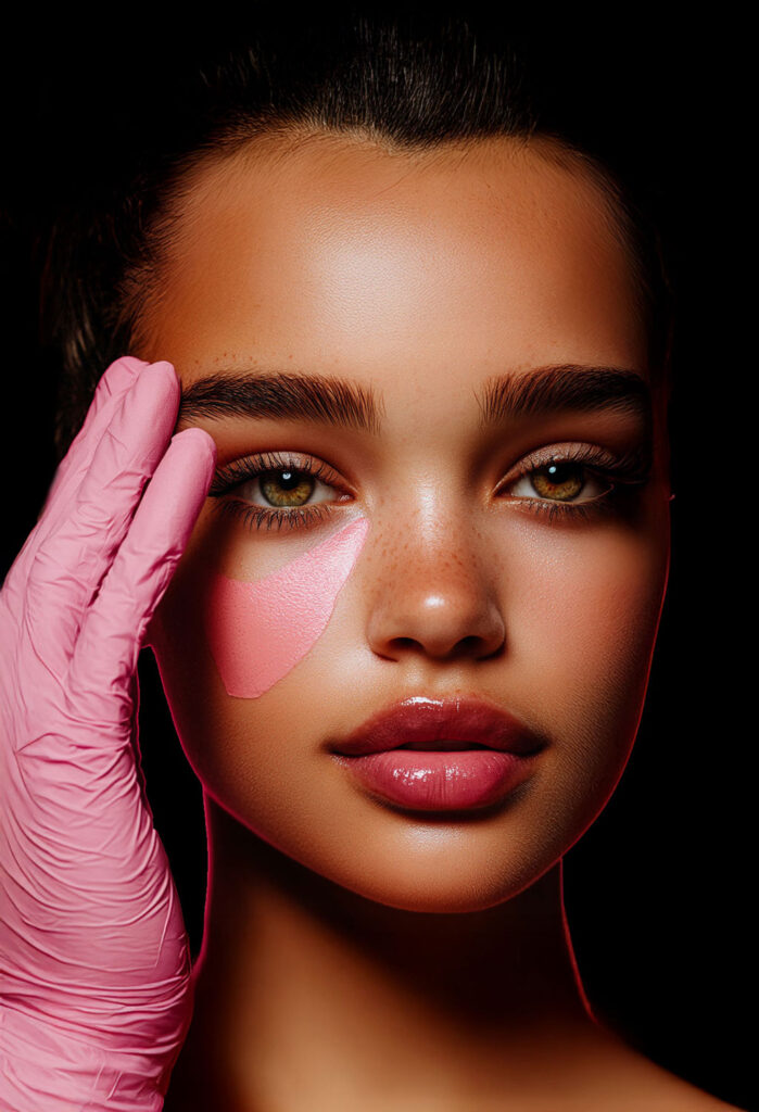 An esthetician's gloved hands using a brush to apply a white facial mask to a client's cheek during a professional skincare treatment.