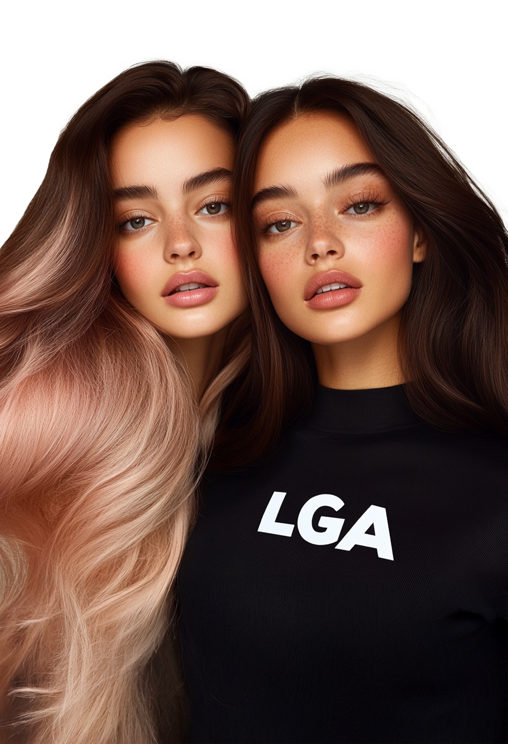 Two confident, diverse women, one with auburn ombre hair and the other in a black "LGA" shirt, representing professional beauty and a successful career path.