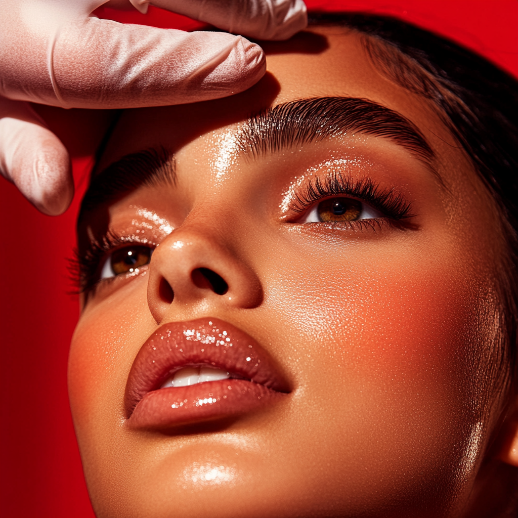 Gloved hands performing precise brow lamination on a client against a bold red background during Lash & Brow Girl Academy’s Brow Lamination Certification course
