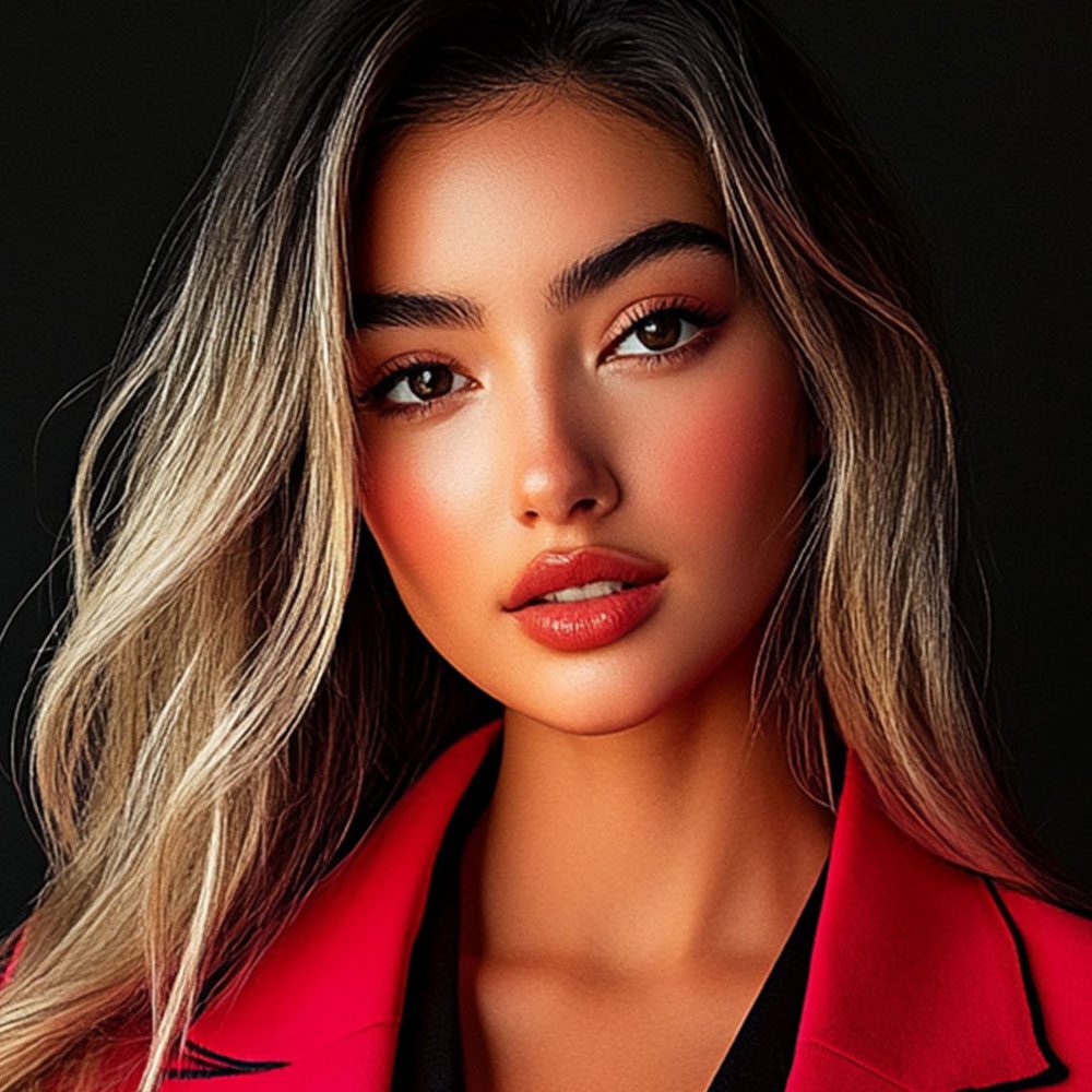 Woman with long, dimensional blonde hair wearing a bold red jacket, representing empowerment and professionalism at Lash & Brow Girl Academy